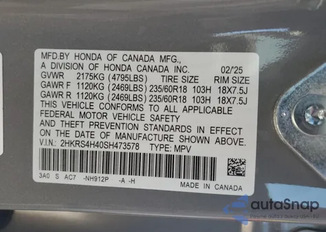 2025 Honda Cr-V Ex from USA, damaged, VIN 2HKRS4H40SH473578
